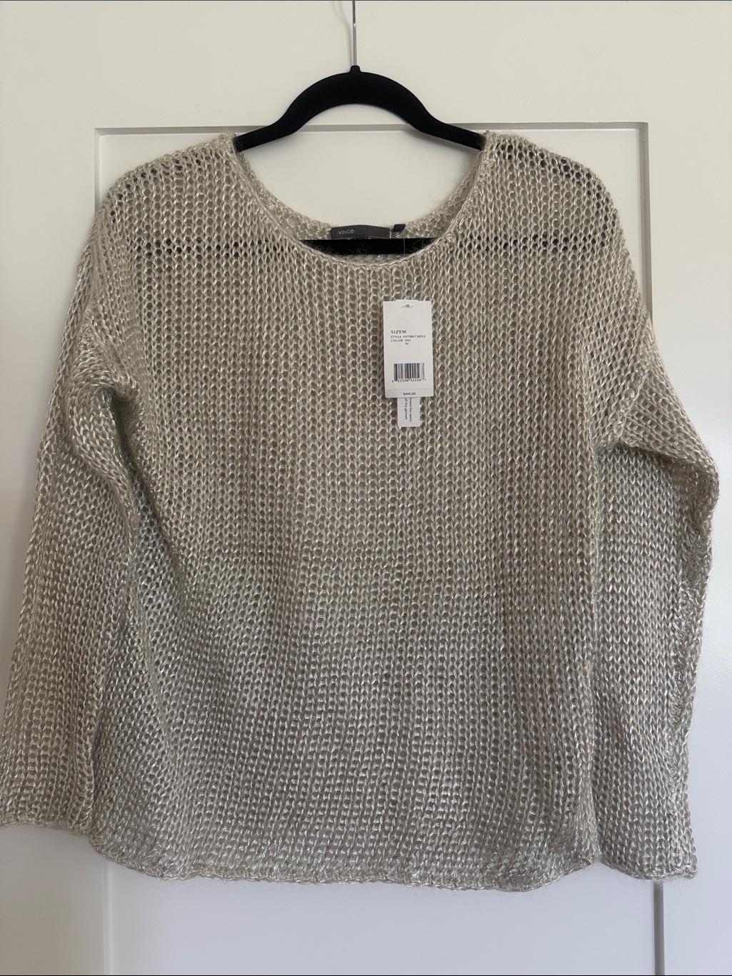Vince Open-Knit Metallic Crewneck Sweater In Light Silver
